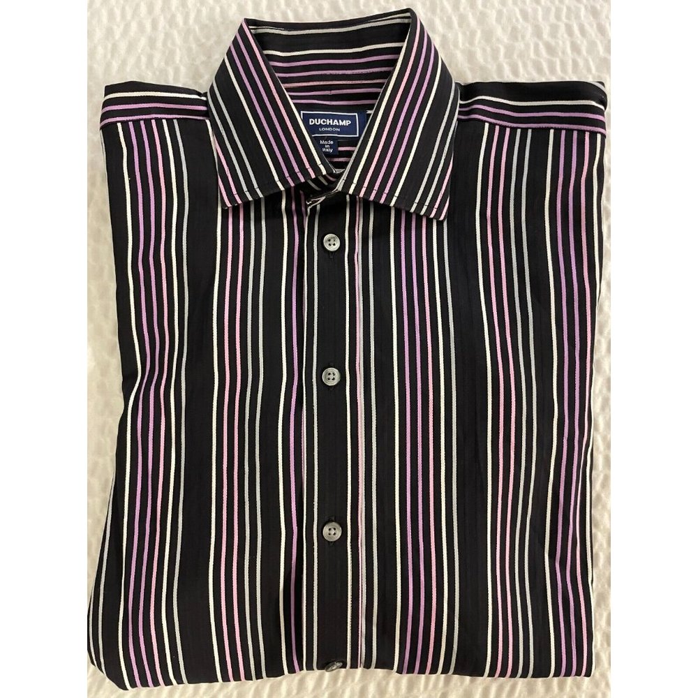 DUCHAMP LONDON made in italy French Cuff Woven Stripe Sport Shirt Black 15 1/2